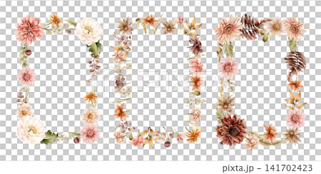 Autumn flower Frame Set Fall plants Dahlia Chrysanthemum. Watercolor hand drawn floral illustration isolated on white background wedding home textile cosmetic package porcelain crockery template Autumn flower Frame Set Fall plants Dahlia Chrysanthemum. Watercolor hand drawn floral illustration isolated on white background wedding home textile cosmetic package porcelain crockery template 141702423