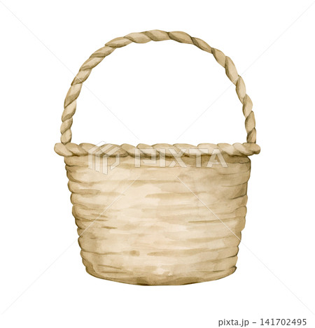 Wicker Basket. Watercolor hand drawn floral food illustration isolated on white background for farm garden design home kitchen textile cozy print porcelain crockery package cottagecore style picnic Wicker Basket. Watercolor hand drawn floral food illustration isolated on white background for farm garden design home kitchen textile cozy print porcelain crockery package cottagecore style picnic 141702495