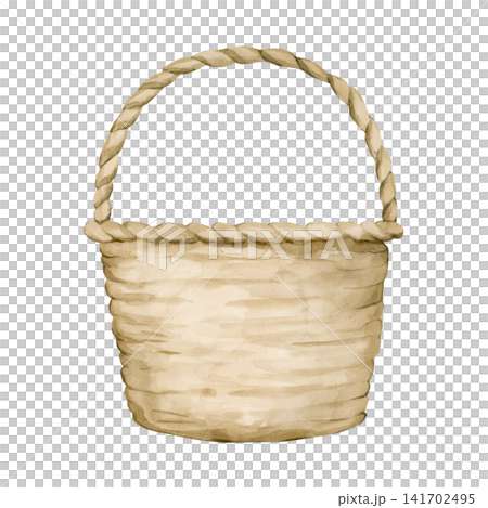 Wicker Basket. Watercolor hand drawn floral food illustration isolated on white background for farm garden design home kitchen textile cozy print porcelain crockery package cottagecore style picnic Wicker Basket. Watercolor hand drawn floral food illustration isolated on white background for farm garden design home kitchen textile cozy print porcelain crockery package cottagecore style picnic 141702495