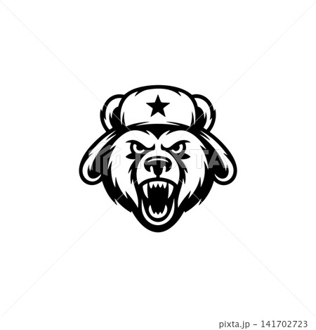 Aggressive bear mascot head, growling, wearing a Soviet/Russian ushanka hat with a star. Black and white vector logo for gaming, eSports, or sport team design. Aggressive bear mascot head, growling, wearing a Soviet/Russian ushanka hat with a star. Black and white vector logo for gaming, eSports, or sport team design. 141702723