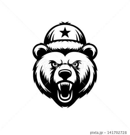 Aggressive bear mascot head, growling, wearing a Soviet/Russian ushanka hat with a star. Black and white vector logo for gaming, eSports, or sport team design. Aggressive bear mascot head, growling, wearing a Soviet/Russian ushanka hat with a star. Black and white vector logo for gaming, eSports, or sport team design. 141702728