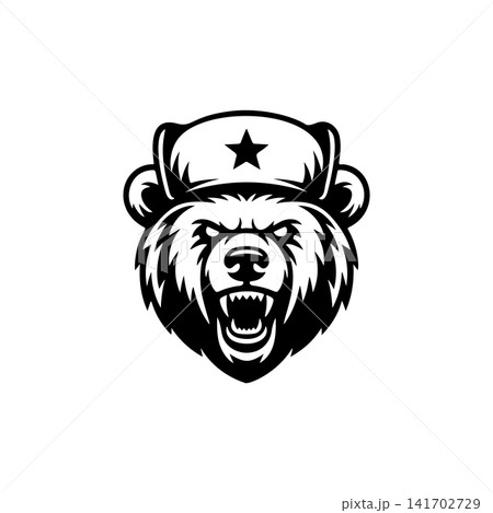 Aggressive bear mascot head, growling, wearing a Soviet/Russian ushanka hat with a star. Black and white vector logo for gaming, eSports, or sport team design. 141702729