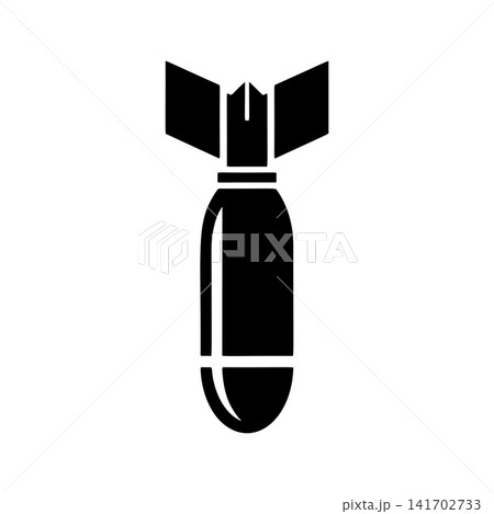 Black and white vector graphic of a stylized, classic falling bomb. Simple, monochrome silhouette design suitable for logo, icon, danger sign, or military themes Black and white vector graphic of a stylized, classic falling bomb. Simple, monochrome silhouette design suitable for logo, icon, danger sign, or military themes 141702733