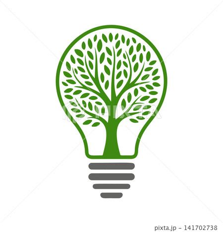 Eco-friendly light bulb vector with a growing tree inside. Green energy, nature, and recycling concept logo perfect for environmental campaigns, innovation, and sustainable design. Eco-friendly light bulb vector with a growing tree inside. Green energy, nature, and recycling concept logo perfect for environmental campaigns, innovation, and sustainable design. 141702738