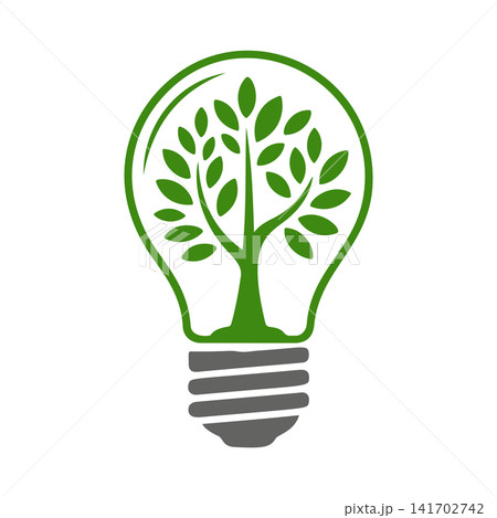 Eco-friendly light bulb vector with a growing tree inside. Green energy, nature, and recycling concept logo perfect for environmental campaigns, innovation, and sustainable design. 141702742