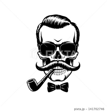 Dapper gentleman skull mascot vector, featuring a smoking pipe, sunglasses, mustache, and a bowtie. Monochrome hipster logo for retro style, bar, tobacco, or apparel design. 141702746