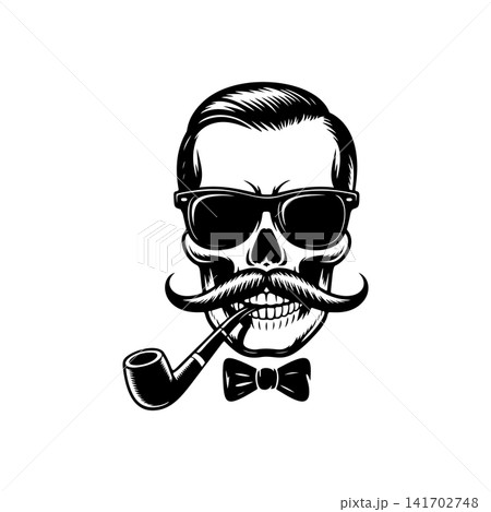 Dapper gentleman skull mascot vector, featuring a smoking pipe, sunglasses, mustache, and a bowtie. Monochrome hipster logo for retro style, bar, tobacco, or apparel design. 141702748