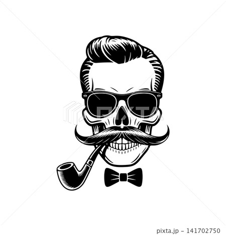 Dapper gentleman skull mascot vector, featuring a smoking pipe, sunglasses, mustache, and a bowtie. Monochrome hipster logo for retro style, bar, tobacco, or apparel design. 141702750