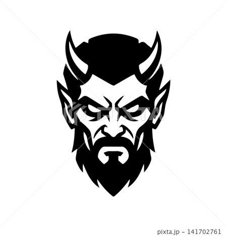 Furious demon monster head vector with beard and horns. Aggressive monochromatic design for gaming, eSports mascot, fantasy illustration, or heavy metal band logo. 141702761