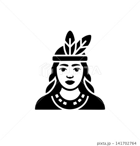 Native American woman portrait vector with braids, headband, and feather. Monochromatic design for indigenous culture, heritage, power, tattoo, or historical themes. Native American woman portrait vector with braids, headband, and feather. Monochromatic design for indigenous culture, heritage, power, tattoo, or historical themes. 141702764