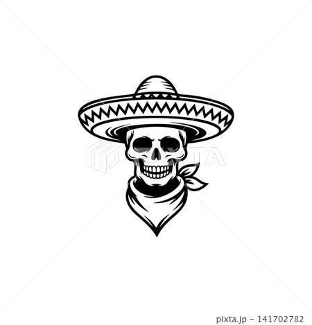 Skull mascot vector wearing a sombrero and a bandana. Monochromatic design perfect for Mexican culture, Day of the Dead, biker gang, criminal, or Western themed logos. Skull mascot vector wearing a sombrero and a bandana. Monochromatic design perfect for Mexican culture, Day of the Dead, biker gang, criminal, or Western themed logos. 141702782