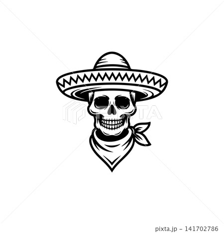 Skull mascot vector wearing a sombrero and a bandana. Monochromatic design perfect for Mexican culture, Day of the Dead, biker gang, criminal, or Western themed logos. Skull mascot vector wearing a sombrero and a bandana. Monochromatic design perfect for Mexican culture, Day of the Dead, biker gang, criminal, or Western themed logos. 141702786