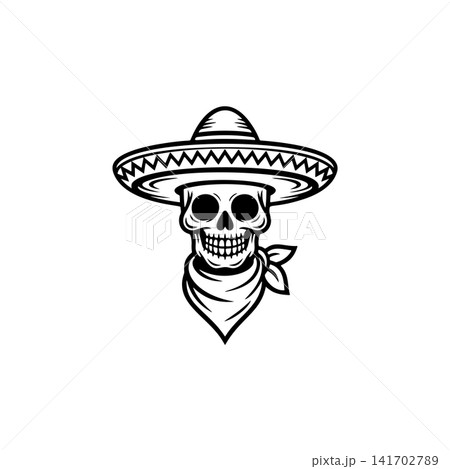 Skull mascot vector wearing a sombrero and a bandana. Monochromatic design perfect for Mexican culture, Day of the Dead, biker gang, criminal, or Western themed logos. Skull mascot vector wearing a sombrero and a bandana. Monochromatic design perfect for Mexican culture, Day of the Dead, biker gang, criminal, or Western themed logos. 141702789