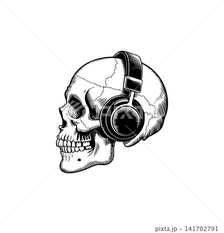 Skull in headphones vector. Detailed monochrome illustration of a skull listening to music, perfect for DJ logo, audio brand, tattoo design, or electronic music themes. Skull in headphones vector. Detailed monochrome illustration of a skull listening to music, perfect for DJ logo, audio brand, tattoo design, or electronic music themes. 141702791