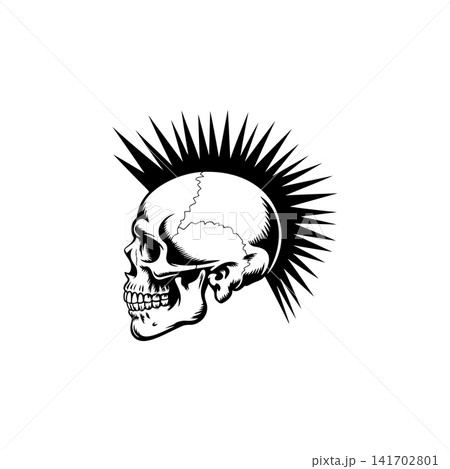 Side profile vector of a skull with a sharp mohawk haircut. Aggressive monochrome design perfect for punk rock band logo, biker tattoo, rebellious spirit, or club emblem. Side profile vector of a skull with a sharp mohawk haircut. Aggressive monochrome design perfect for punk rock band logo, biker tattoo, rebellious spirit, or club emblem. 141702801