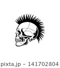 Side profile vector of a skull with a sharp mohawk haircut. Aggressive monochrome design perfect for punk rock band logo, biker tattoo, rebellious spirit, or club emblem. 141702804