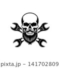 Bearded skull mascot with crossed wrenches (spanners). Monochromatic logo for mechanic shop, garage, auto repair service, biker club, or custom engineering design. 141702809