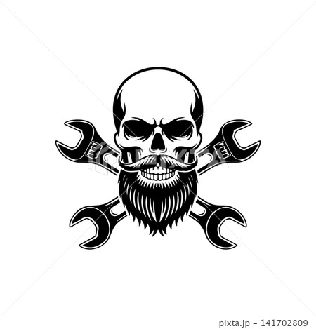 Bearded skull mascot with crossed wrenches (spanners). Monochromatic logo for mechanic shop, garage, auto repair service, biker club, or custom engineering design. Bearded skull mascot with crossed wrenches (spanners). Monochromatic logo for mechanic shop, garage, auto repair service, biker club, or custom engineering design. 141702809