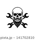 Bearded skull mascot with crossed wrenches (spanners). Monochromatic logo for mechanic shop, garage, auto repair service, biker club, or custom engineering design. 141702810