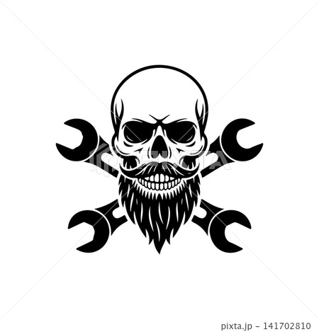 Bearded skull mascot with crossed wrenches (spanners). Monochromatic logo for mechanic shop, garage, auto repair service, biker club, or custom engineering design. 141702810
