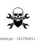 Bearded skull mascot with crossed wrenches (spanners). Monochromatic logo for mechanic shop, garage, auto repair service, biker club, or custom engineering design. 141702811
