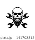 Bearded skull mascot with crossed wrenches (spanners). Monochromatic logo for mechanic shop, garage, auto repair service, biker club, or custom engineering design. 141702812