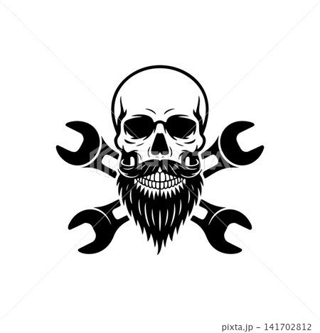 Bearded skull mascot with crossed wrenches (spanners). Monochromatic logo for mechanic shop, garage, auto repair service, biker club, or custom engineering design. 141702812