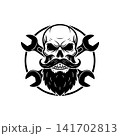 Bearded skull mascot with crossed wrenches (spanners). Monochromatic logo for mechanic shop, garage, auto repair service, biker club, or custom engineering design. 141702813