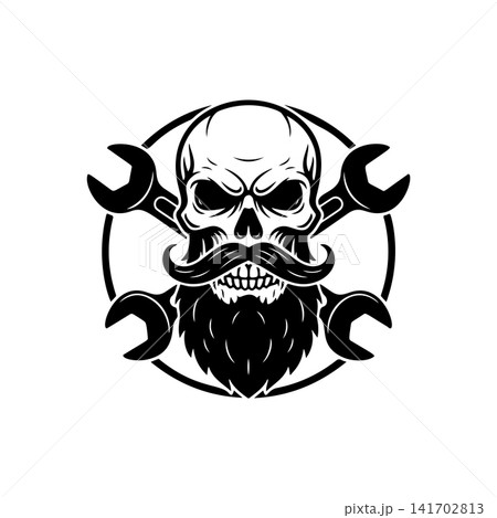 Bearded skull mascot with crossed wrenches (spanners). Monochromatic logo for mechanic shop, garage, auto repair service, biker club, or custom engineering design. 141702813