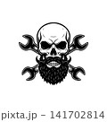 Bearded skull mascot with crossed wrenches (spanners). Monochromatic logo for mechanic shop, garage, auto repair service, biker club, or custom engineering design. 141702814