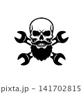 Bearded skull mascot with crossed wrenches (spanners). Monochromatic logo for mechanic shop, garage, auto repair service, biker club, or custom engineering design. 141702815