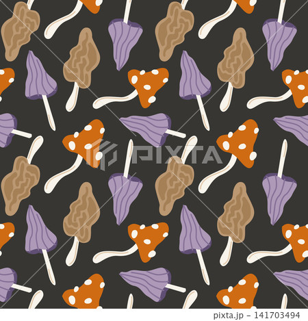 Hand-drawn Halloween seamless pattern with magic poisonous mushrooms, toadstool, fly agaric and morel for packaging, fabric 141703494