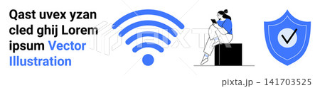 Digital security, online safety, wireless communication, technology, connectivity, privacy protection. wireless icon, shield with checkmark and person using a smartphone. Online safety and digital Digital security, online safety, wireless communication, technology, connectivity, privacy protection. wireless icon, shield with checkmark and person using a smartphone. Online safety and digital 141703525