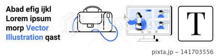Online learning, digital tools, communication, typography, design, creativity. Monitor with a teacher and students, minimalist bag letter T icon. Online learning and digital tools concept Online learning, digital tools, communication, typography, design, creativity. Monitor with a teacher and students, minimalist bag letter T icon. Online learning and digital tools concept 141703556