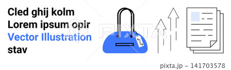 E-commerce, business growth, data analysis, shopping, retail, financial planning. A shopping bag with a tag, upward arrows and documents. E-commerce and business growth highlighted 141703578