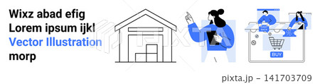 E-commerce, logistics, retail management, warehouse organization, online shopping, business analysis. Line art of a warehouse, a person with a clipboard and a shopping website interface. E-commerce E-commerce, logistics, retail management, warehouse organization, online shopping, business analysis. Line art of a warehouse, a person with a clipboard and a shopping website interface. E-commerce 141703709