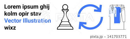 Business strategy, decision-making, clothing recycling, sustainability, process flow, communication. Chess pawn, refresh arrow garment rack with clothes. Business strategy and decision-making theme Business strategy, decision-making, clothing recycling, sustainability, process flow, communication. Chess pawn, refresh arrow garment rack with clothes. Business strategy and decision-making theme 141703771