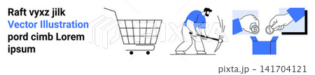 Online shopping, retail business, manual labor, financial transactions, package delivery, consumer behavior. Shopping cart, worker with pickaxe hand placing coin in a box. E-commerce and retail 141704121