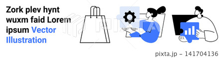 E-commerce, technology, analytics, shopping, business, and teamwork. Visual includes shopping bag, gear and bar chart graphics. E-commerce and analytics concept conveyed creatively E-commerce, technology, analytics, shopping, business, and teamwork. Visual includes shopping bag, gear and bar chart graphics. E-commerce and analytics concept conveyed creatively 141704136