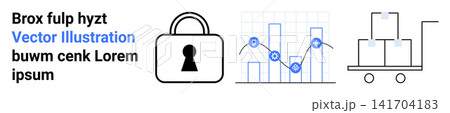 Cybersecurity, data analysis, logistics, business management, secure storage, e-commerce. Lock with keyhole, graph with lines and gear cart with boxes. Cybersecurity and data analysis Cybersecurity, data analysis, logistics, business management, secure storage, e-commerce. Lock with keyhole, graph with lines and gear cart with boxes. Cybersecurity and data analysis 141704183