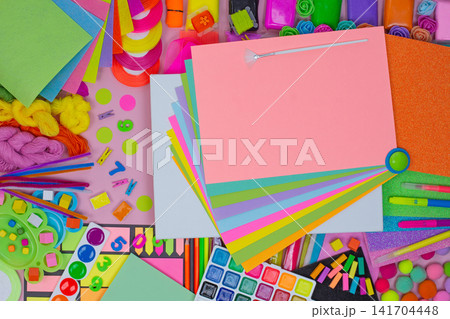 Girly saturated pink background with sketches and painting tools. Lovely cute pink baby girl style. 141704448