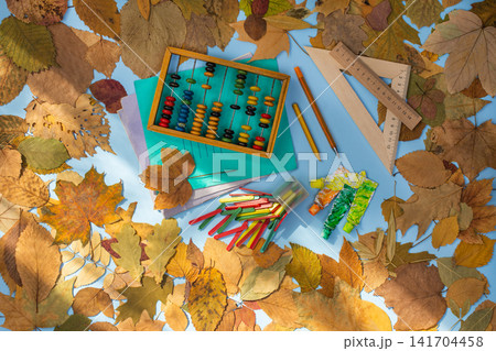 Scenes from old vintage school. Concept of returning to vintage school captured in a top view flat lay. Scenes from old vintage school. Concept of returning to vintage school captured in a top view flat lay. 141704458