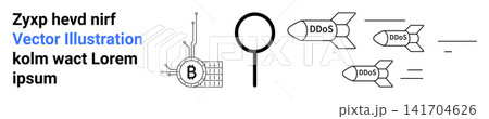Cybersecurity, blockchain protection, crypto security, digital attacks, network security, online crime. Magnifying glass, crypto symbol and DDoS missiles . Cybersecurity and blockchain protection Cybersecurity, blockchain protection, crypto security, digital attacks, network security, online crime. Magnifying glass, crypto symbol and DDoS missiles . Cybersecurity and blockchain protection 141704626