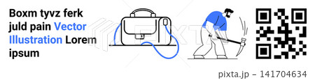 Digital technology, industrial labor, minimalism, branding, productivity, scanning tools. Man using pickaxe, QR code and bag graphic. Digital technology and industrial labor concept Digital technology, industrial labor, minimalism, branding, productivity, scanning tools. Man using pickaxe, QR code and bag graphic. Digital technology and industrial labor concept 141704634