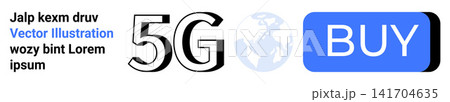 E-commerce, digital communication, online shopping, global connectivity, internet speed, 5G technology. Bold 5G text, globe icon and blue buy button. E-commerce and digital communication focus E-commerce, digital communication, online shopping, global connectivity, internet speed, 5G technology. Bold 5G text, globe icon and blue buy button. E-commerce and digital communication focus 141704635