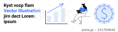 Finance, analytics, business progress, economic growth, technology, remote work. Includes upward graph, person with laptop and dollar icon. Finance and analytics concept Finance, analytics, business progress, economic growth, technology, remote work. Includes upward graph, person with laptop and dollar icon. Finance and analytics concept 141704648