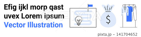 Business planning, innovation, finance management, e-commerce, marketing, entrepreneurship. Icons of lightbulb, money bag strategy map and clothes on a rack. Business planning and innovation 141704652