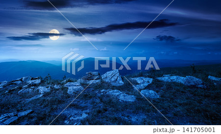 Carpathian mountain landscape in summer at night. scenic view of Transcarpathia region from the mnt. Smooth. alpine blueberry field with rock on the Polonyna Runa hill in full moon light 141705001