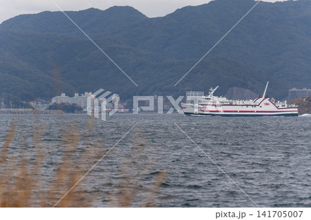 山並みを背景に航行する大型フェリー 山並みを背景に航行する大型フェリー 141705007