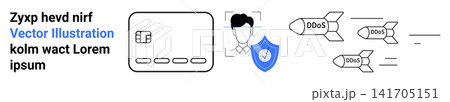 Cybersecurity, data protection, DDoS attacks, online safety, internet security, digital privacy. User profile and rockets labeled DDoS with protective shield. Cybersecurity and data protection 141705151